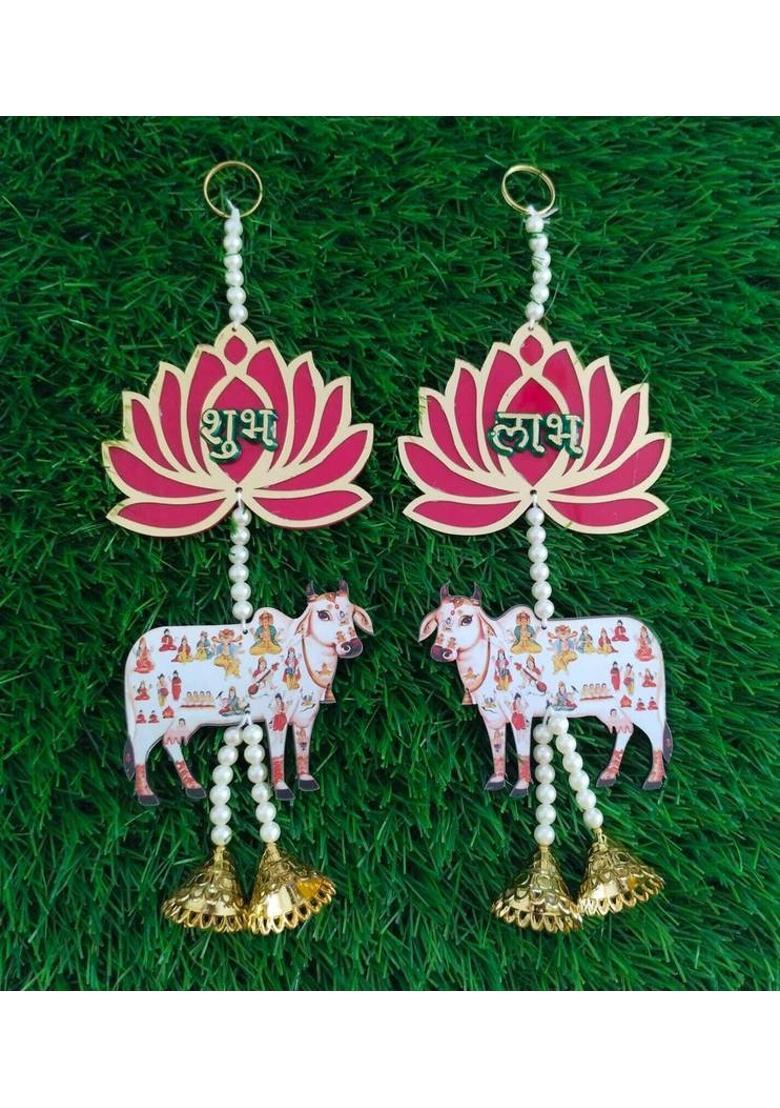 Neha Shubh Labh for Door Entrance | 1 Pair | Beautiful Side Door Hangings | Decorative Showpiece - 2 cm&nbsp;&nbsp;(Wood, Multicolor) - Indya