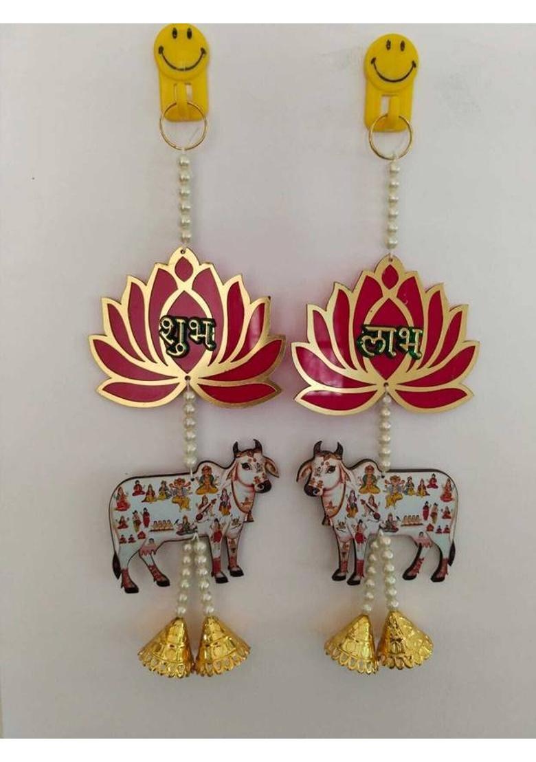 Neha Shubh Labh for Door Entrance | 1 Pair | Beautiful Side Door Hangings | Decorative Showpiece - 2 cm&nbsp;&nbsp;(Wood, Multicolor) - Indya