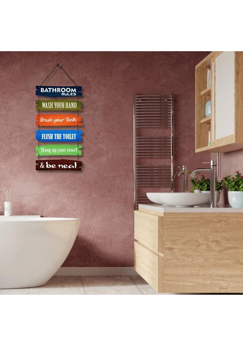 Home Delight Bathroom Rules Signs Wood Art Decor Wall Hanging Decoration Items&nbsp;&nbsp;(26 inch X 12 inch, Multicolor) - Indya