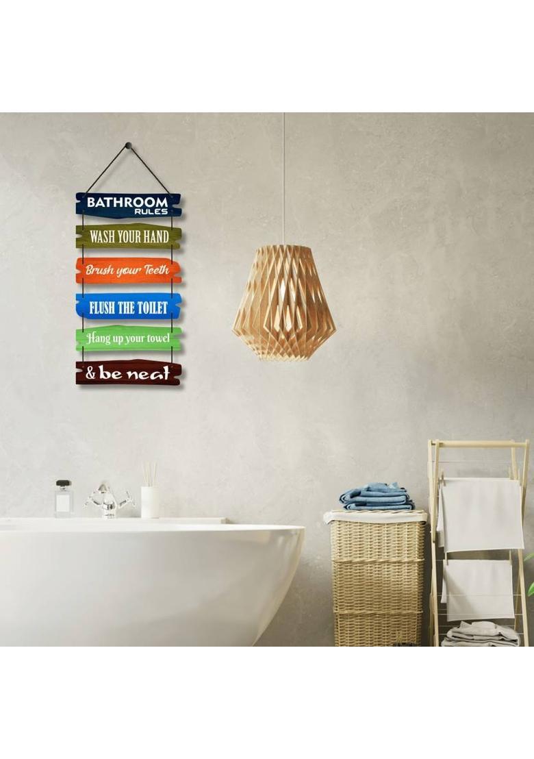Home Delight Bathroom Rules Signs Wood Art Decor Wall Hanging Decoration Items&nbsp;&nbsp;(26 inch X 12 inch, Multicolor) - Indya