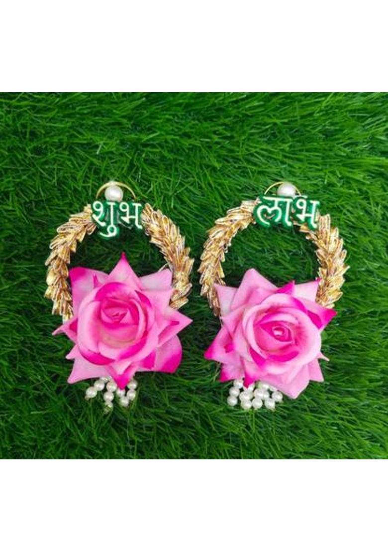 Neha Shubh Labh for Door Entrance | 1 Pair | Beautiful Side Door Hangings | Rose | Decorative Showpiece - 2 cm&nbsp;&nbsp;(Gold Plated, Pink, Gold) - Indya