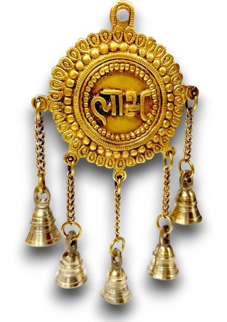 PRATEEK Pratek Brass Wall Hanging with Bells | Shubh Labh Design Decorative Showpiece - 26.5 cm&nbsp;&nbsp;(Brass, Brown) - Indya