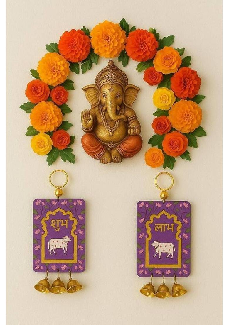 WEBELKART Premium Shubh-Labh Wall Hanging for Diwali Decoration Pack of 2&nbsp;&nbsp;(5.5 inch X 3 inch, Gold and Purple) - Indya