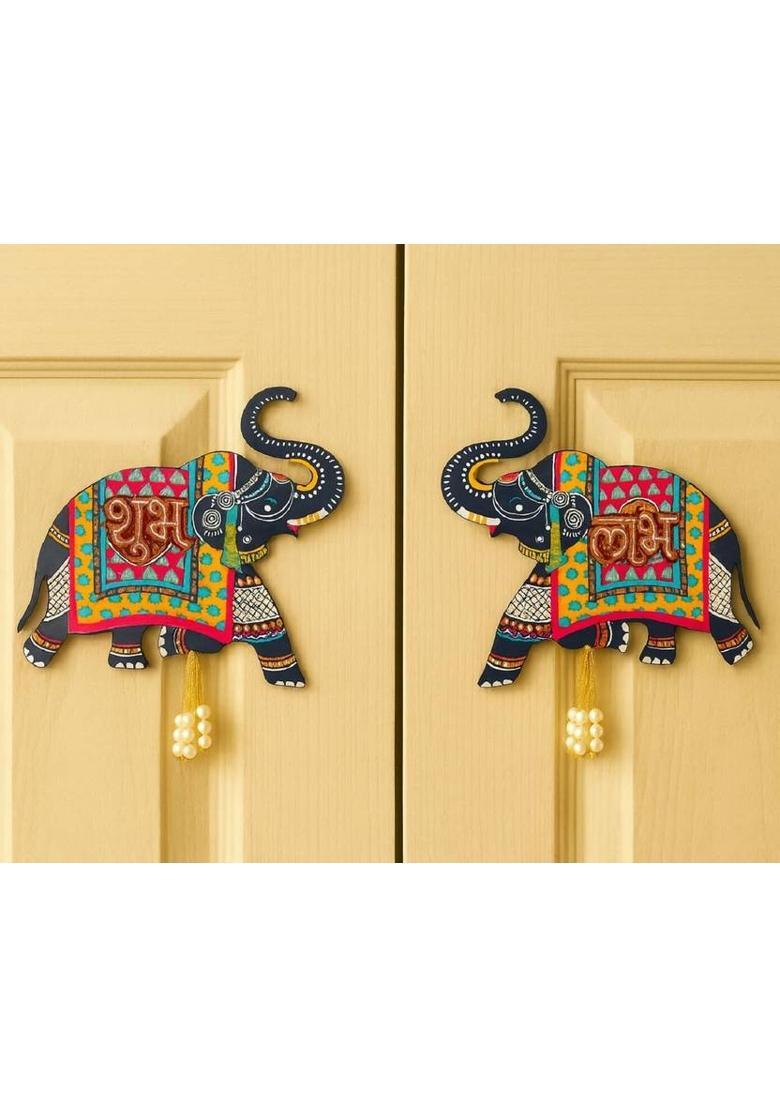 AS TRADERS Wooden Elephant Wall Hanging with Shubh Labh 51&nbsp;&nbsp;(3 inch, Blue) - Indya