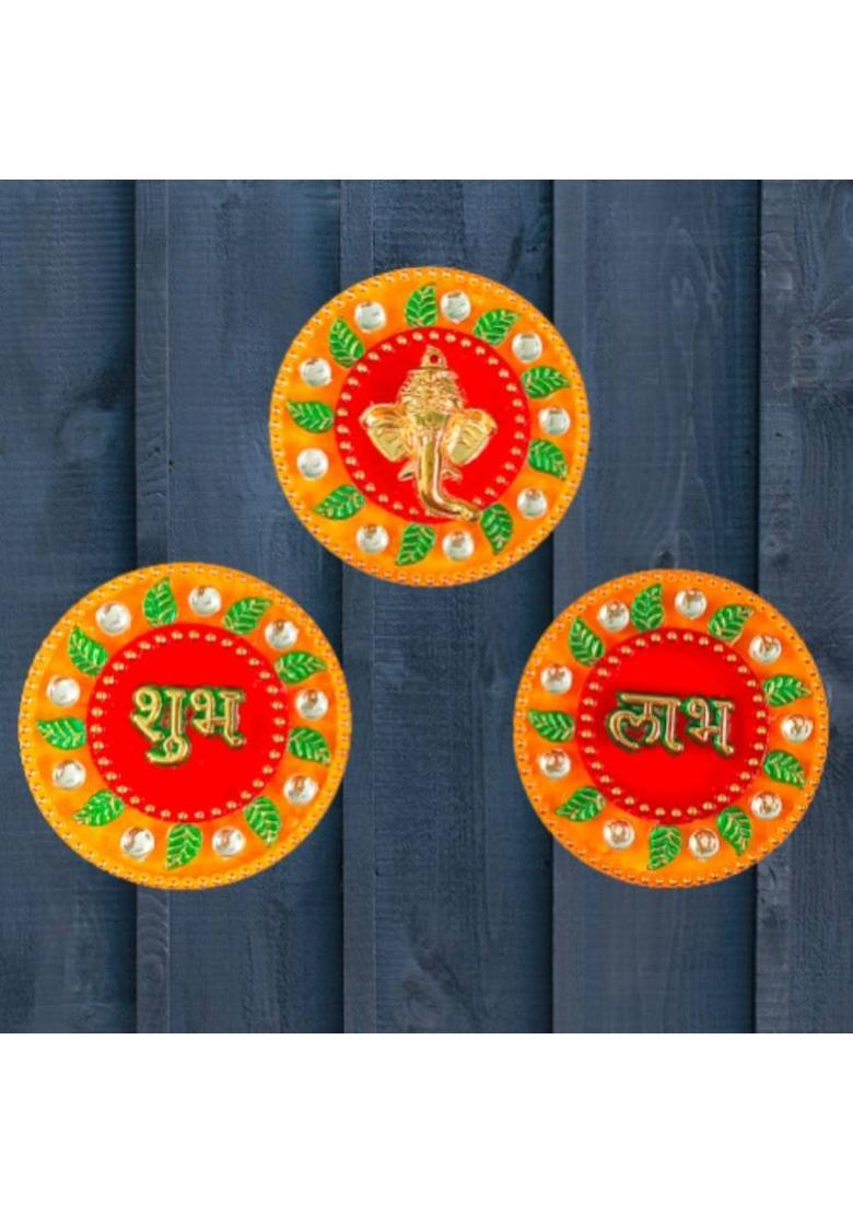 P A HEALTH AND FITNESS Latest Side Door/Wall Hanging Shubh-Labh-Ganesha Stickers for Decoration[3piece] Decorative Showpiece - 6.5 cm&nbsp;&nbsp;(Plastic, Multicolor) - Indya