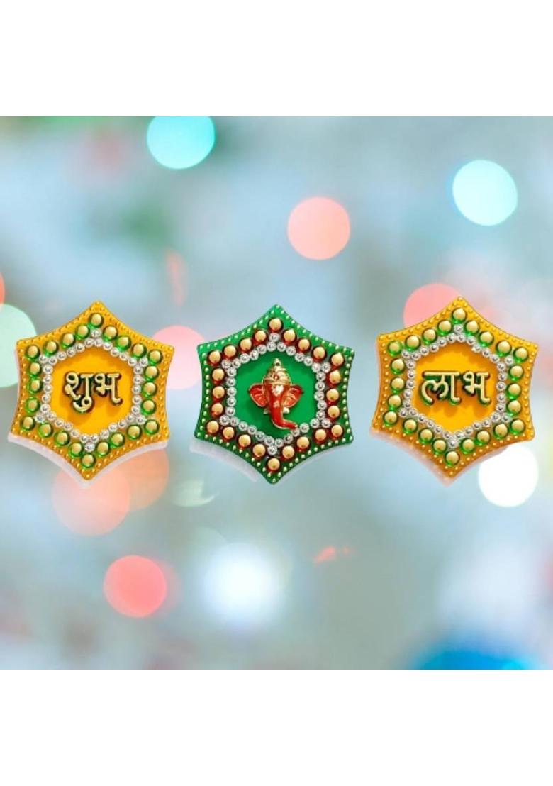 P A HEALTH AND FITNESS P.A.Decorative Acralic Shubh Labh Ganesha Stickers for Main Door/Wall Hanging. Pack of 3&nbsp;&nbsp;(9 inch X 7 inch, Multicolor) - Indya