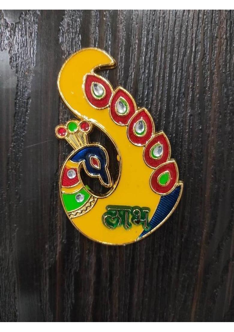 MGTrading Metal Designer Peacock Shubh Labh Swastik Wall Sticker for Diwali Decoration Decorative Showpiece - 10.16 cm&nbsp;&nbsp;(Metal, Multicolor) - Indya