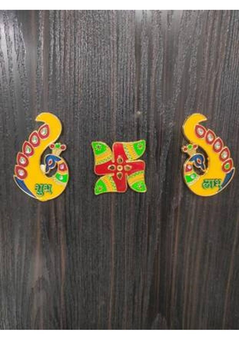 MGTrading Metal Designer Peacock Shubh Labh Swastik Wall Sticker for Diwali Decoration Decorative Showpiece - 10.16 cm&nbsp;&nbsp;(Metal, Multicolor) - Indya