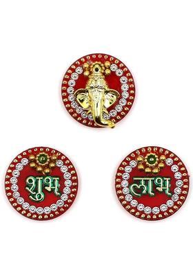 Macsen Acrylic Round Design Shubh Labh and Ganesh Sticker, for Door and Wall Decoration, Diwali Decor Set - 3 Piece (Set of 1) Decorative Showpiece - 4 cm&nbsp;&nbsp;(Plastic, Multicolor)