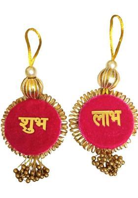 BAAKAY GLOBAL Handmade Shubh Labh Wall Hanging I Round Handcrafted with Flowers - 5Inch Decorative Showpiece - 12.7 cm&nbsp;&nbsp;(Wood, Fabric, Pink)