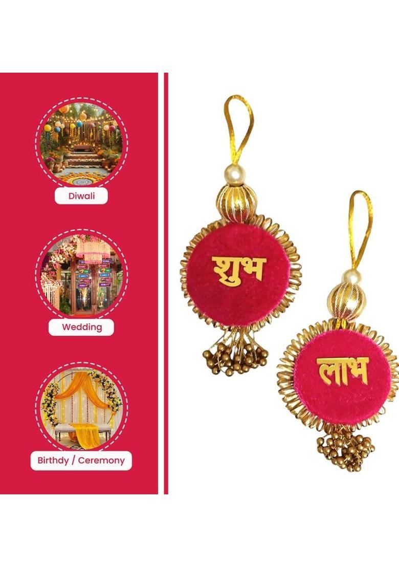 BAAKAY GLOBAL Handmade Shubh Labh Wall Hanging I Round Handcrafted with Flowers - 5Inch Decorative Showpiece - 12.7 cm&nbsp;&nbsp;(Wood, Fabric, Pink) - Indya