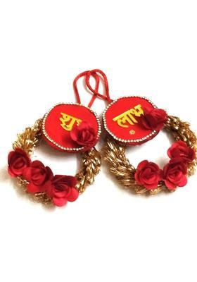 BAAKAY GLOBAL Handmade Shubh Labh Wall Hanging I Round Handcrafted with Flowers - 5Inch Decorative Showpiece - 12.7 cm&nbsp;&nbsp;(Wood, Fabric, Orange)