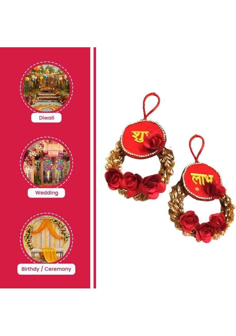 BAAKAY GLOBAL Handmade Shubh Labh Wall Hanging I Round Handcrafted with Flowers - 5Inch Decorative Showpiece - 12.7 cm&nbsp;&nbsp;(Wood, Fabric, Orange) - Indya