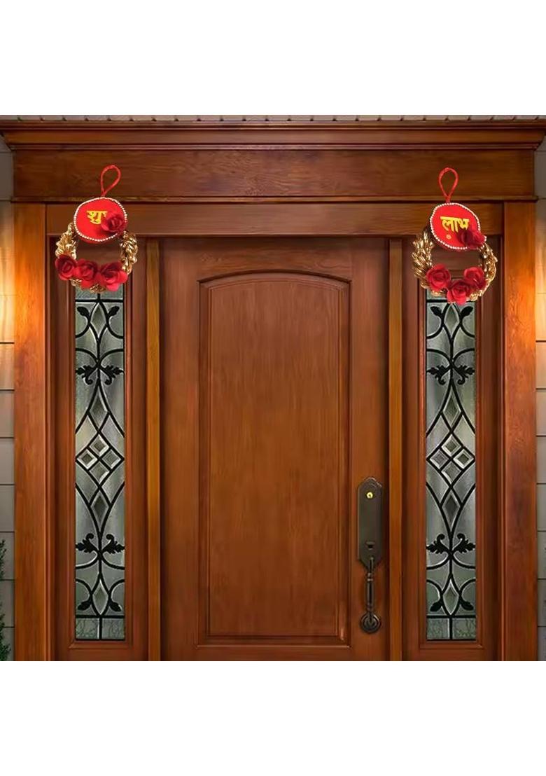 BAAKAY GLOBAL Handmade Shubh Labh Wall Hanging I Round Handcrafted with Flowers - 5Inch Decorative Showpiece - 12.7 cm&nbsp;&nbsp;(Wood, Fabric, Orange) - Indya