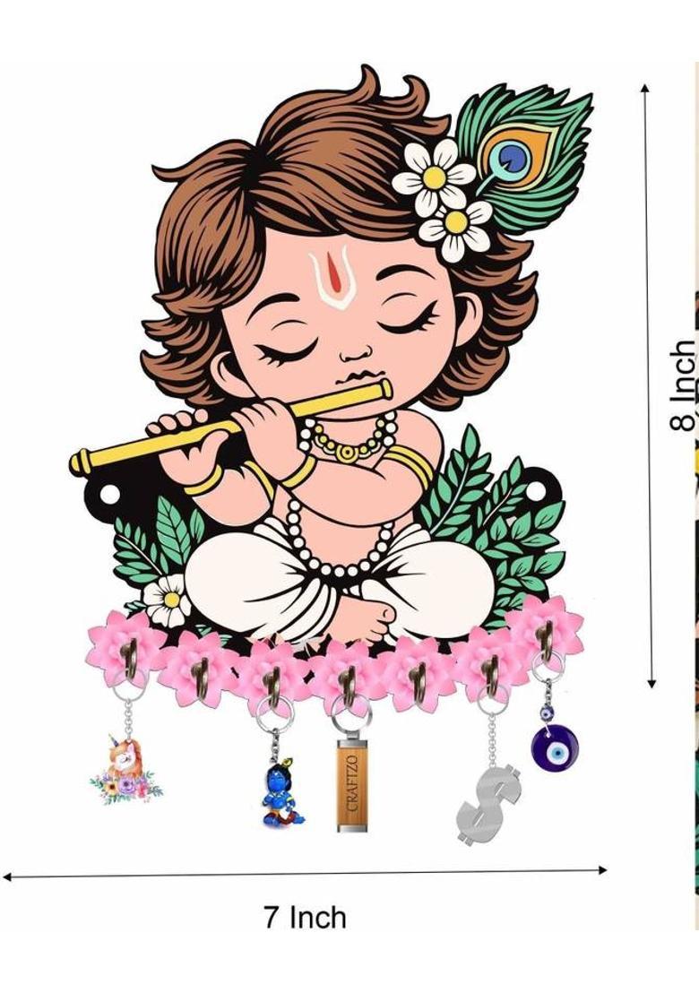 SNDArt Krishna Wall Hanging Key Holder | Baby Krishna Flute Design Wood Key Holder&nbsp;&nbsp;(7 Hooks, Multicolor) - Indya