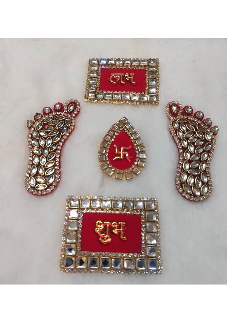 MGTrading kundankari ,Diamond Shubh Labh Swastik Shree Laxmi ji charan for Door Decoration Decorative Showpiece - 8 cm&nbsp;&nbsp;(Metal, Multicolor) - Indya