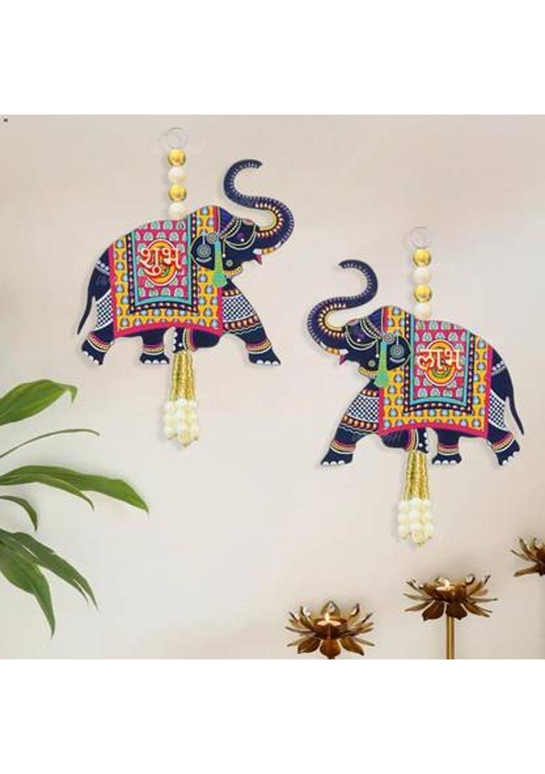 AS TRADERS Wooden Elephant Wall Hanging with Shubh Labh 36&nbsp;&nbsp;(3 inch, Blue) - Indya