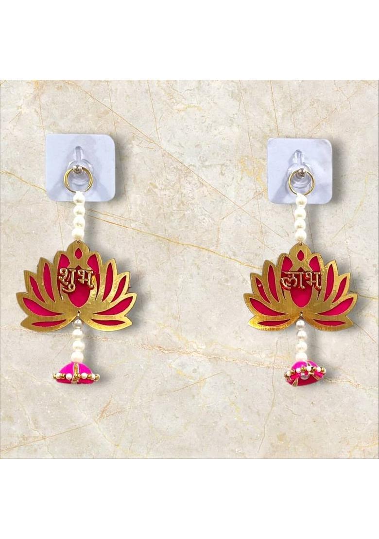 Koogly Pink Lotus Shubh Labh Decorative Hanging for Home & Festival Decoration Pack of 2&nbsp;&nbsp;(8 inch, Pink, Gold) - Indya