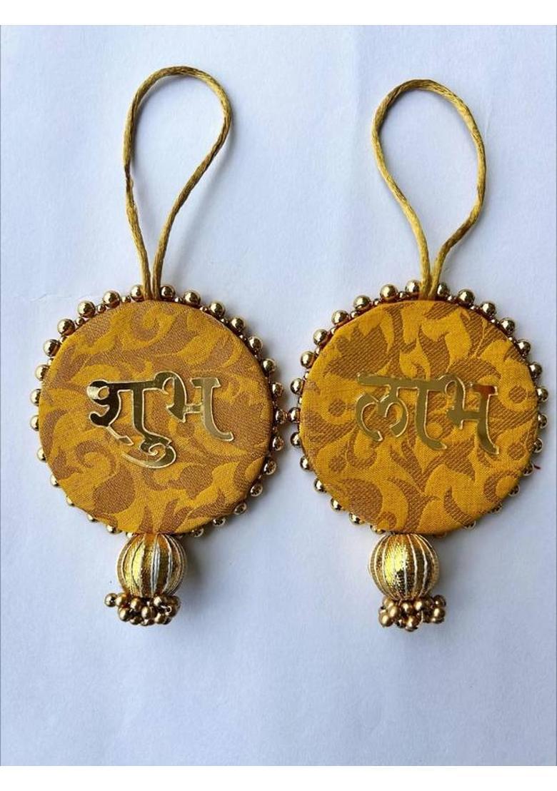 BAAKAY GLOBAL Round Shubh Labh Wall Hanging I Round Wood Door Entrance hangings Toran - 5 Inch Decorative Showpiece - 10.16 cm&nbsp;&nbsp;(Wood, Yellow) - Indya