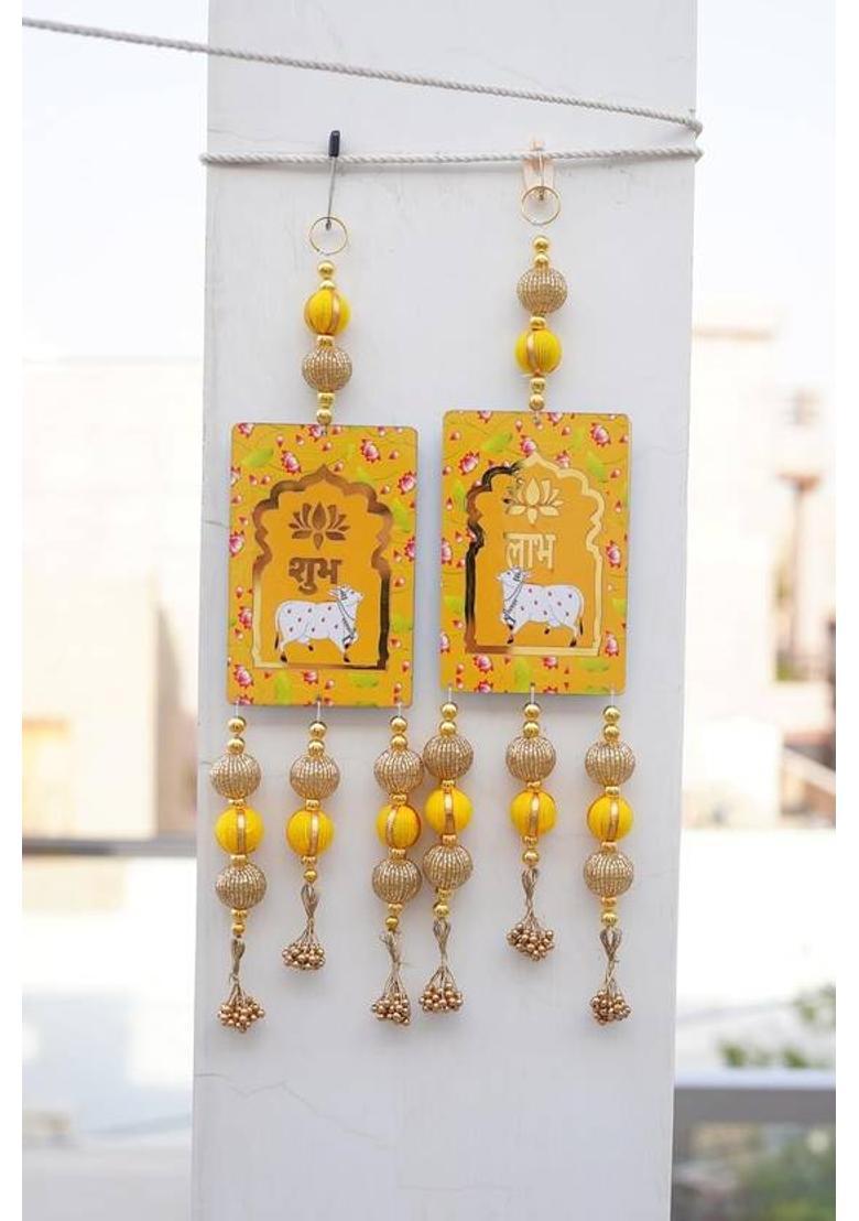 CTW CTW Shubh Labh Door Hanging for Diwali Floral Wall Hangings for Home Decorative Showpiece - 30 cm&nbsp;&nbsp;(Wood, Yellow) - Indya