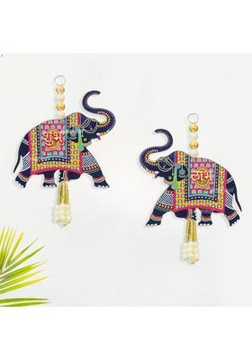 MINDFULLGIFTING Wooden Elephant Wall Hanging with Shubh Labh 1&nbsp;&nbsp;(3 inch, Blue)