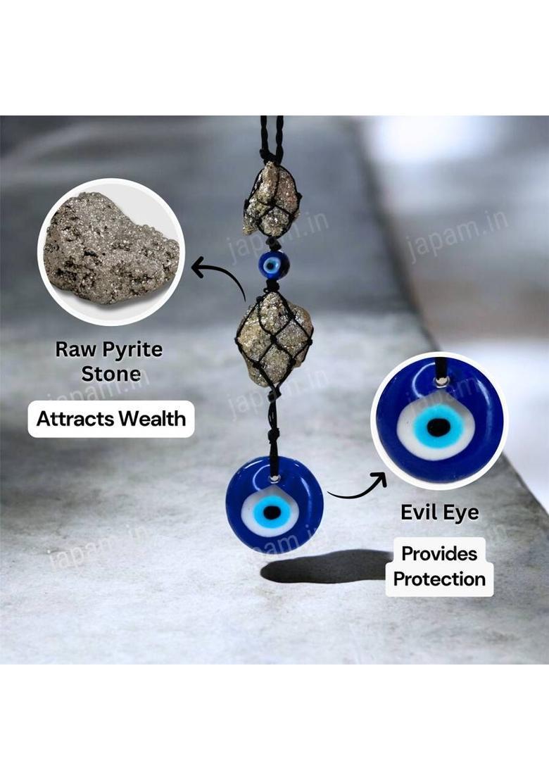 Japam Nazar Rakshak Hanging Charm with Evil Eye and Pyrite stone Decorative Showpiece - 3 cm&nbsp;&nbsp;(Resin, Blue) - Indya