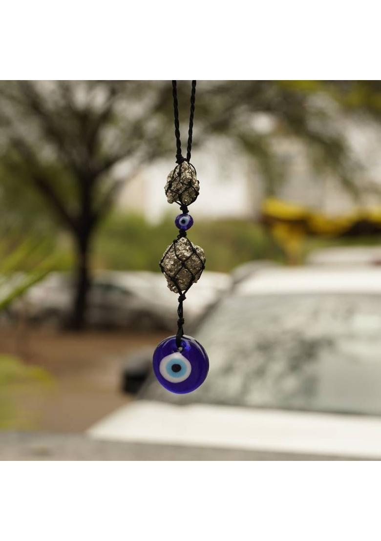 Japam Nazar Rakshak Hanging Charm with Evil Eye and Pyrite stone Decorative Showpiece - 3 cm&nbsp;&nbsp;(Resin, Blue) - Indya