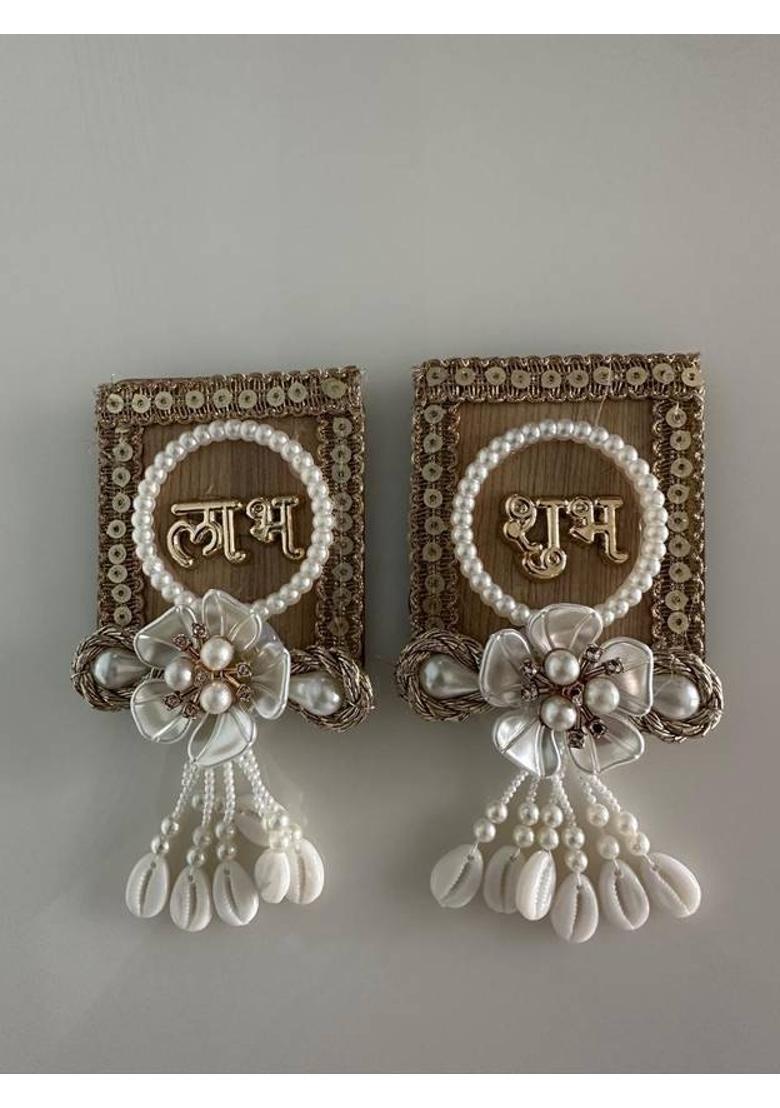 Indie Decor Shubh Labh Hanging with Pearls Floral Design Handmade Wall Decor for Door,Mandir Pack of 2&nbsp;&nbsp;(Red) - Indya