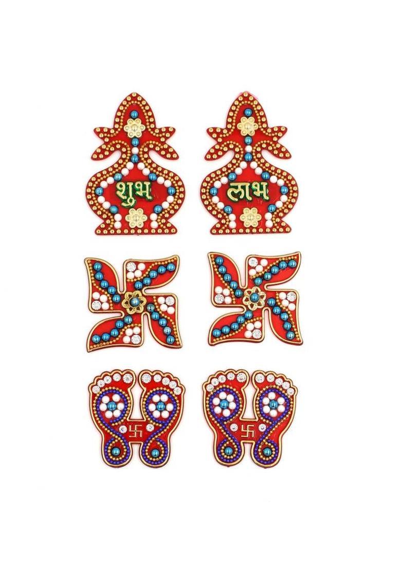 Macsen Acrylic Designer Shubh Labh Sticker, Swastika and Laxmi charan paduka for Door and Wall Decoration, Diwali Decor Set - 6 Piece (Set of 3) Decorative Showpiece - 7.5 cm&nbsp;&nbsp;(Plastic, Multicolor) - Indya
