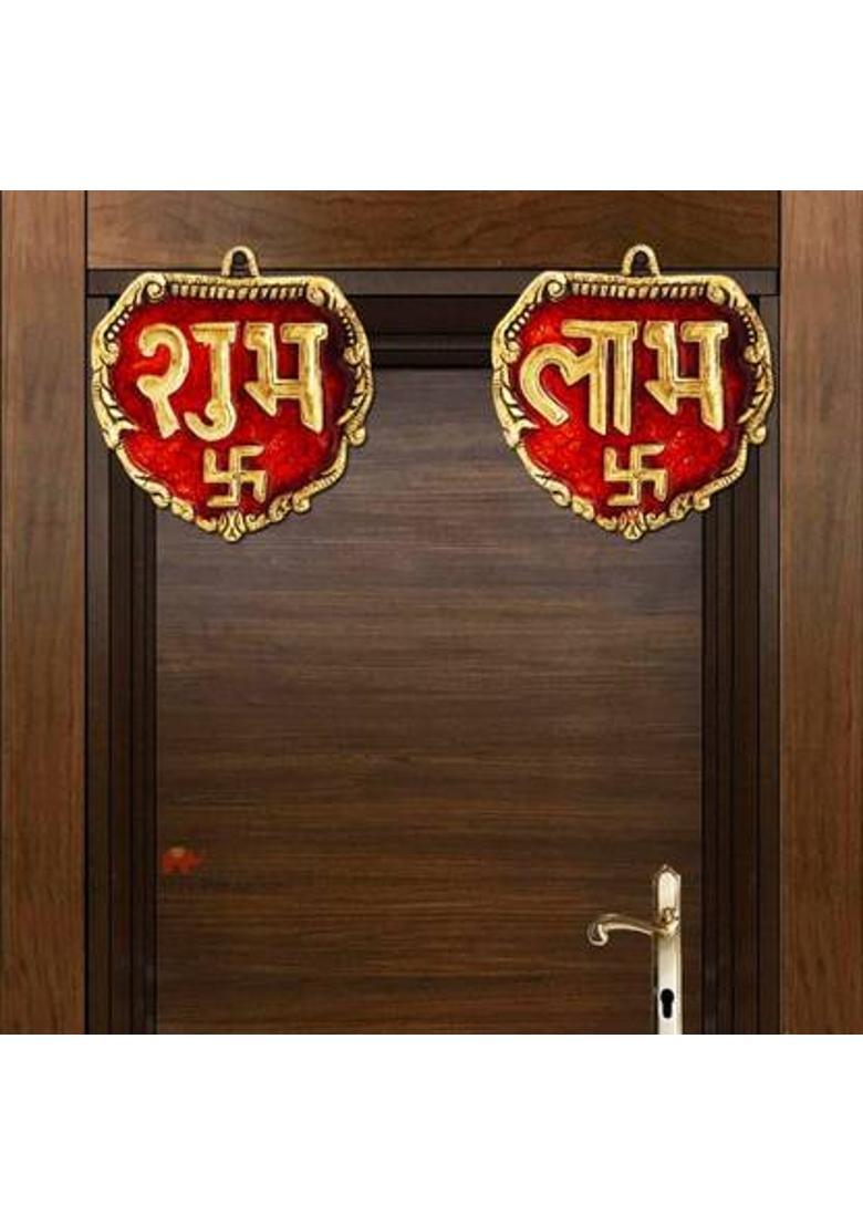 SP Handicrafts Metal Door Hanging Shubh Labh Engraved with Swastik Decorative Showpiece - 11 cm&nbsp;&nbsp;(Aluminium, Gold, Red) - Indya