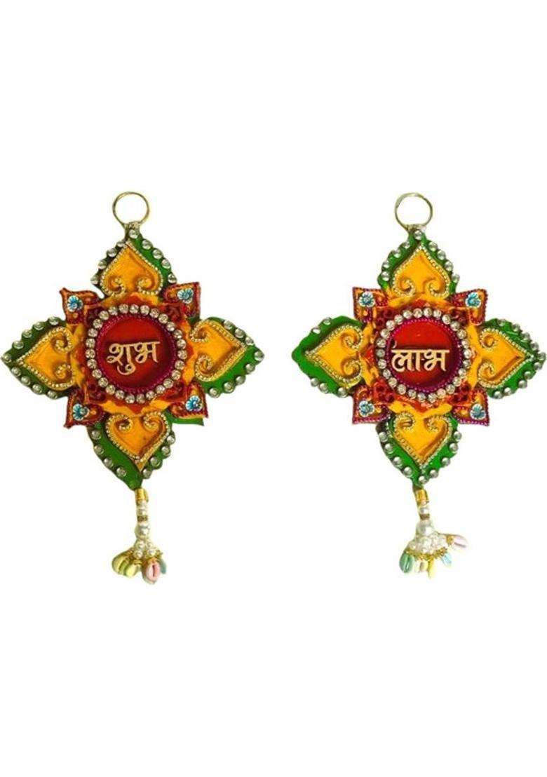 MIRAMAYEE Shubh Labh Hanging Diwali Decor – Petal Square Shape with Beads & Pearls (25 CM) Decorative Showpiece - 25 cm&nbsp;&nbsp;(Wood, Multicolor) - Indya