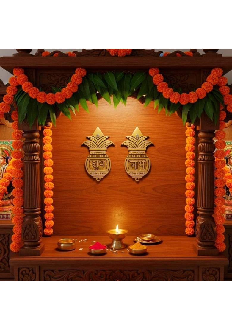 Asha Enchant Decor Set of 2 Shubh Labh Kalash Wall Hanging Main Door Entrance Decor Decorative Showpiece - 12 cm&nbsp;&nbsp;(Brass, Gold) - Indya