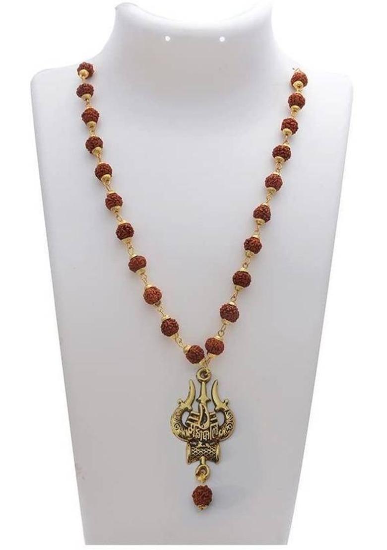 Mahakal Locket with Trishul Damru Pendant, Spiritual Shiva Rhodium Plated Rudraksha Chain - Indya