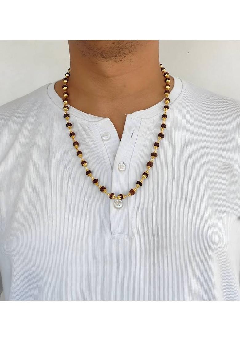 Natural Real 7mm Rudraksha Beads with Micro Gold Plated Flower Cap Gold-plated Plated Brass, Rudraksha Chain - Indya