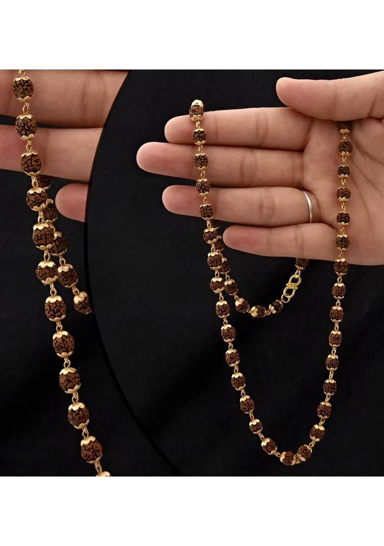 Natural Real 7mm Rudraksha Beads with Micro Gold Plated Flower Cap Gold-plated Plated Brass, Rudraksha Chain - Indya