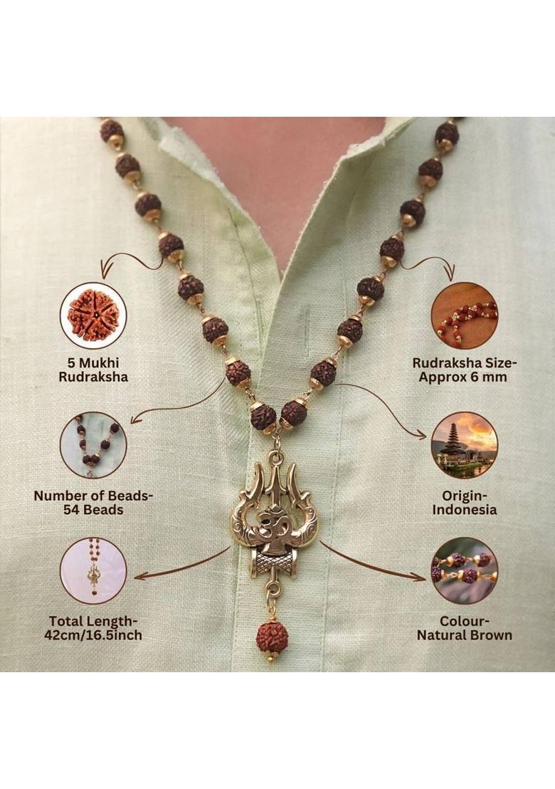 Gold-Plated Om Shiva G Rudraksha Mala | 54 Beads | 5 Mukhi Rudraksha Gold-plated Plated Brass Necklace - Indya