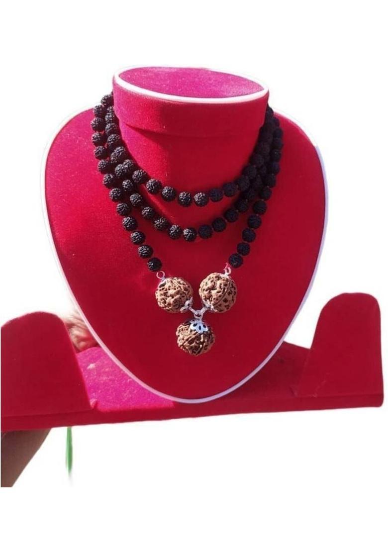 5 Mukhi BLACK Rudraksha Mala(108+1) WITH (4-5-6) GURU MANI Silver Plated Wood Necklace - Indya
