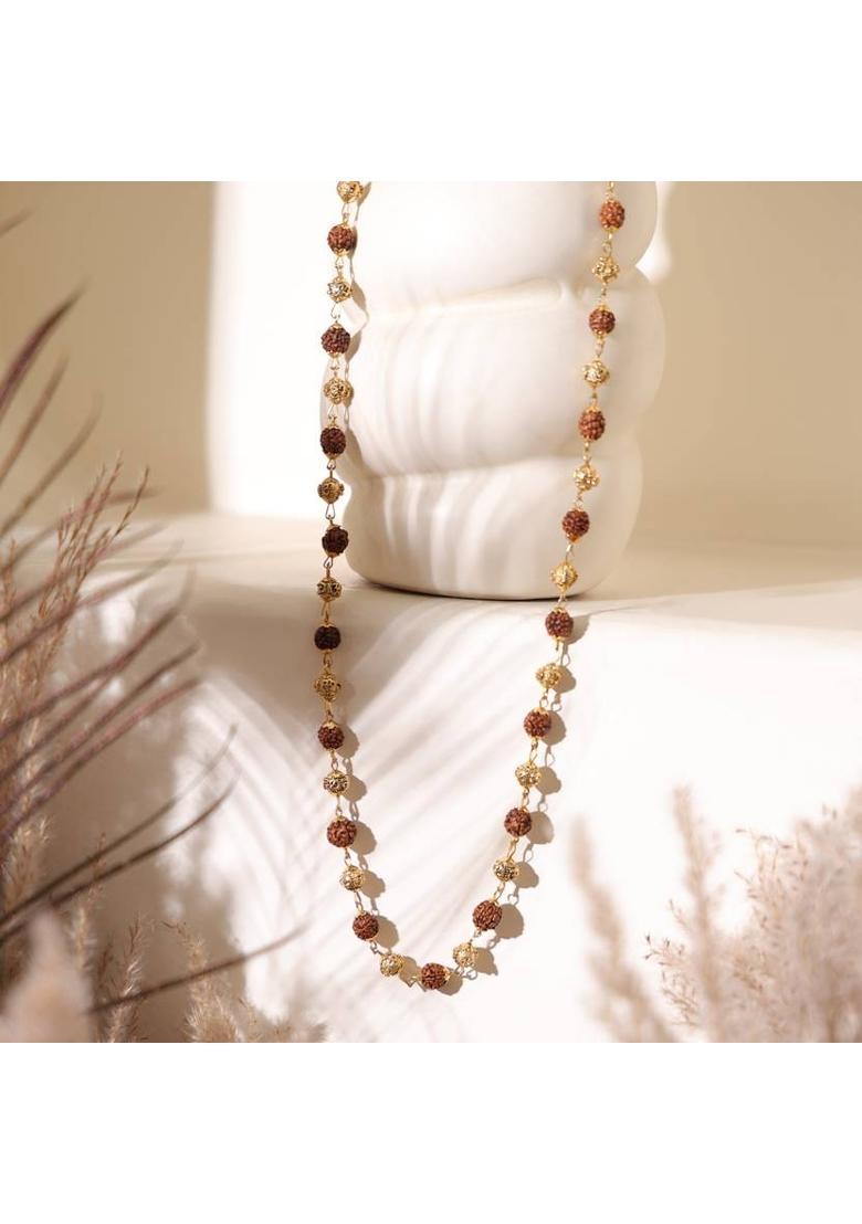 Om Rudraksha Mala – Channel Divine Vibration & Inner Strength Gold-plated Plated Brass, Rudraksha Necklace - Indya