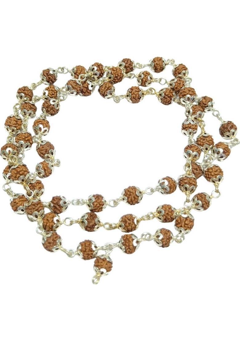 Premium 5 Mukhi German Silver Rudraksha Mala| 54+1 Beads Lab Certified Rudraksha Necklace - Indya