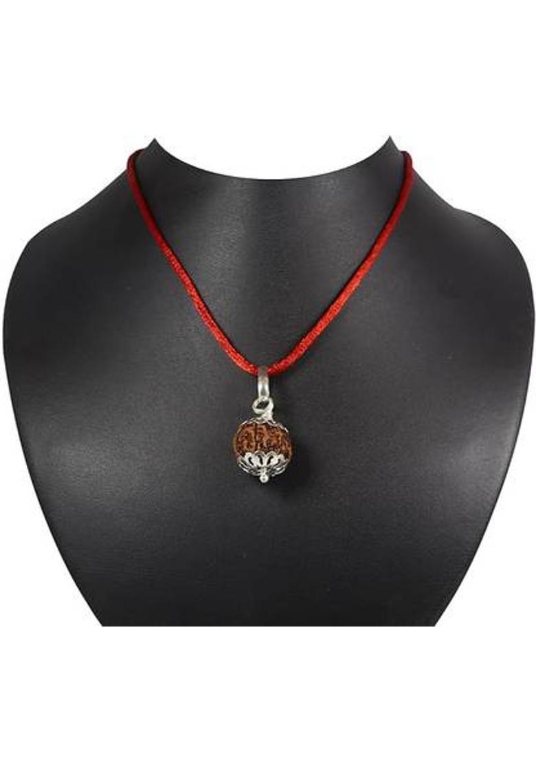 Fine Creation 4 Mukhi Rudraksha Four Faced Charr Nepali Rudraksh Bead Original and Certified Silver Wood Pendant - Indya