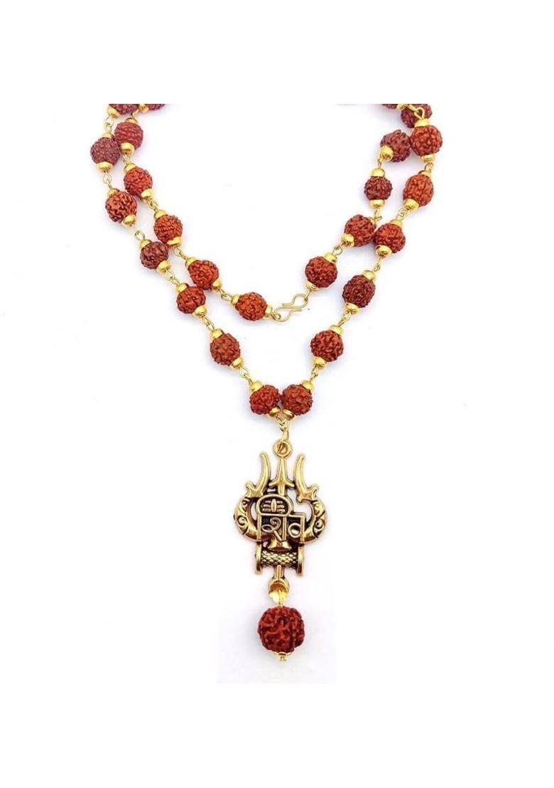 Priyenkera Gold Plated Cup Shiv trishul Damru Rudraksha Mala For Men & Women Brass Pendant - Indya