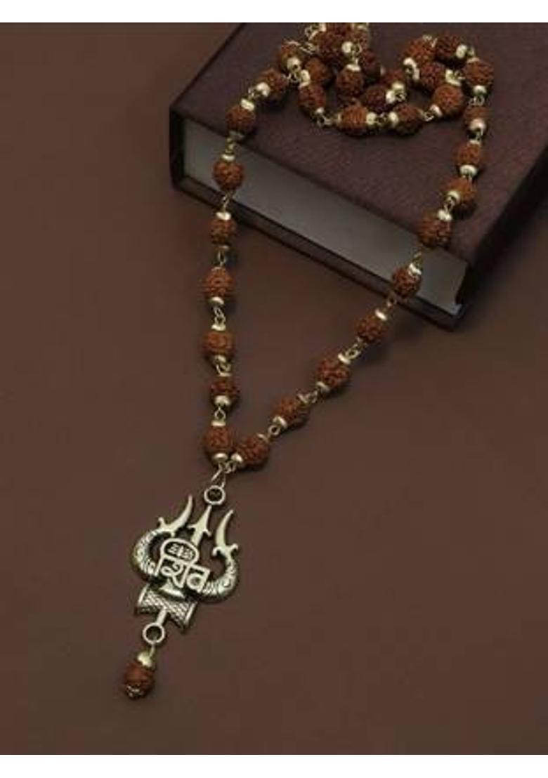 Priyenkera Gold Plated Cup Shiv trishul Damru Rudraksha Mala For Men & Women Brass Pendant - Indya