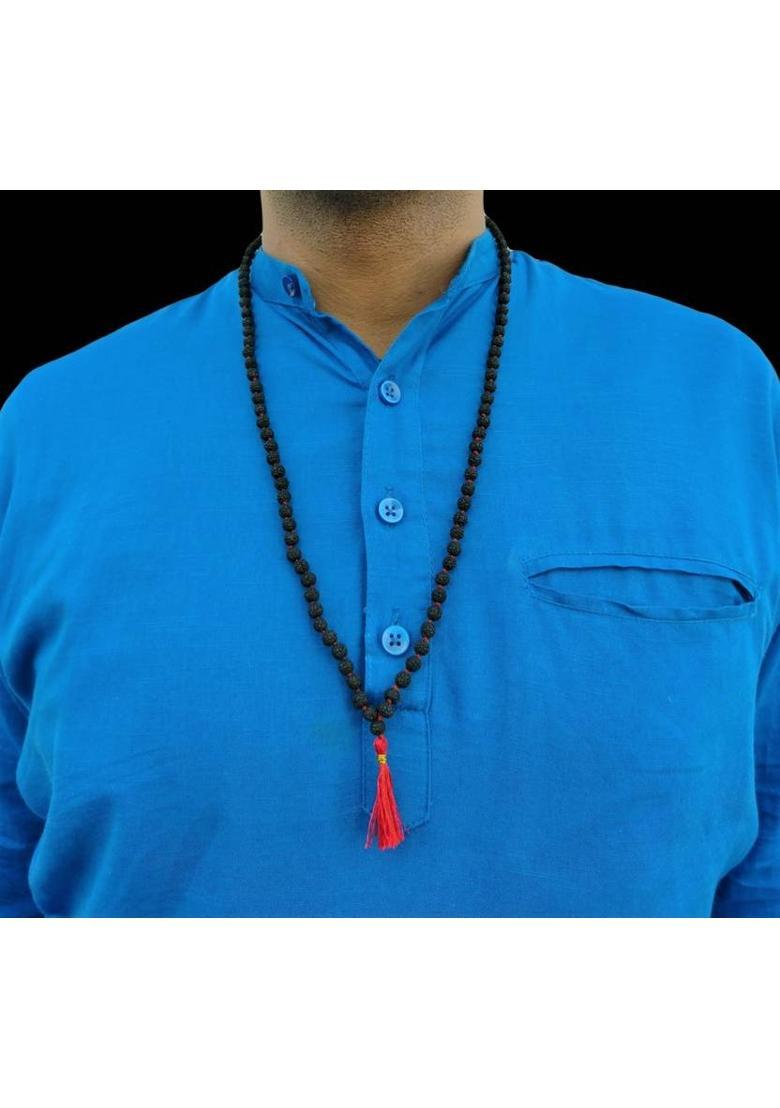 Black Rudraksha Mala 5 Mukhi for Japa Puja and Neck Wearing, 100% Original 108+1 Nos Beads Size 7mm, Black Color for Men and Women Wood Chain - Indya