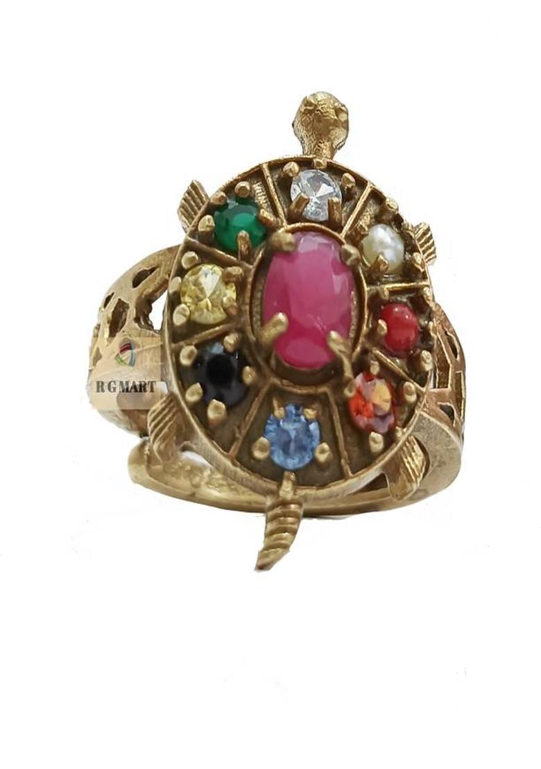 Ashtadhatu Kachua Mahakal Yantra With Para Gold Plated Jadit Brass Gold Plated Ring - Indya