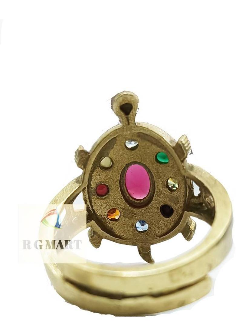 Ashtadhatu Kachua Mahakal Yantra With Para Gold Plated Jadit Brass Gold Plated Ring - Indya