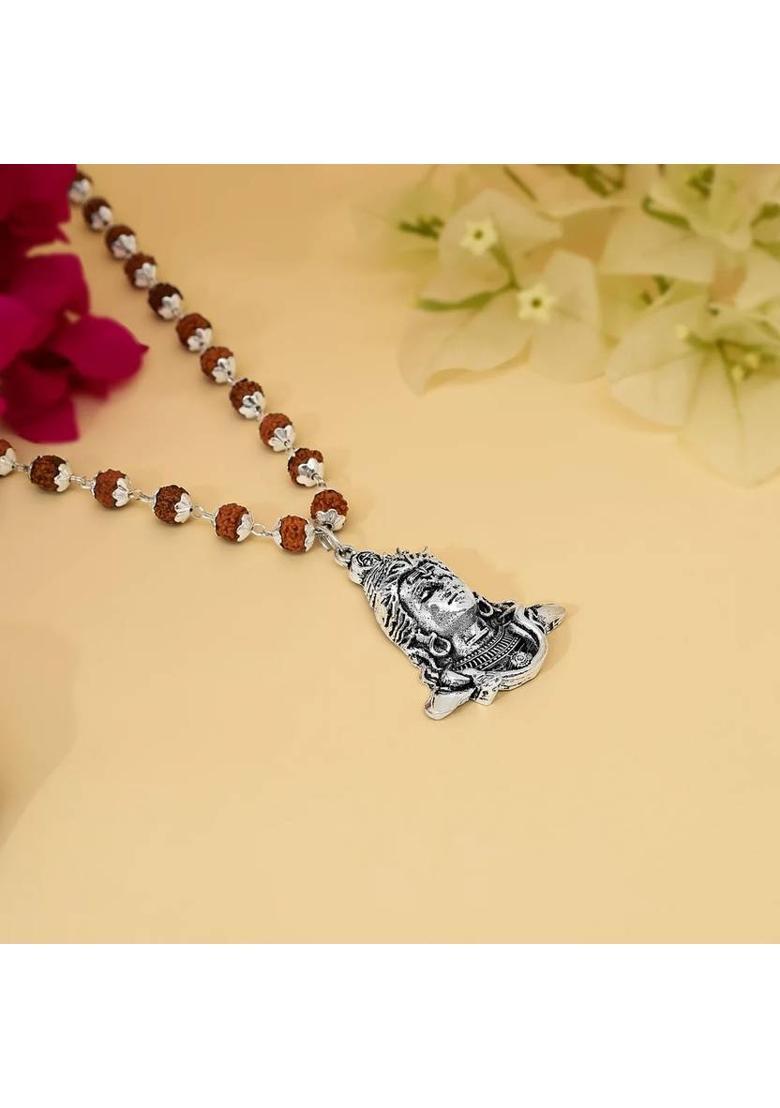 5 Mukhi Rudraksha Necklace | 54 Beads | Strength & Peace | For Men & Women Silver Plated Brass Chain - Indya