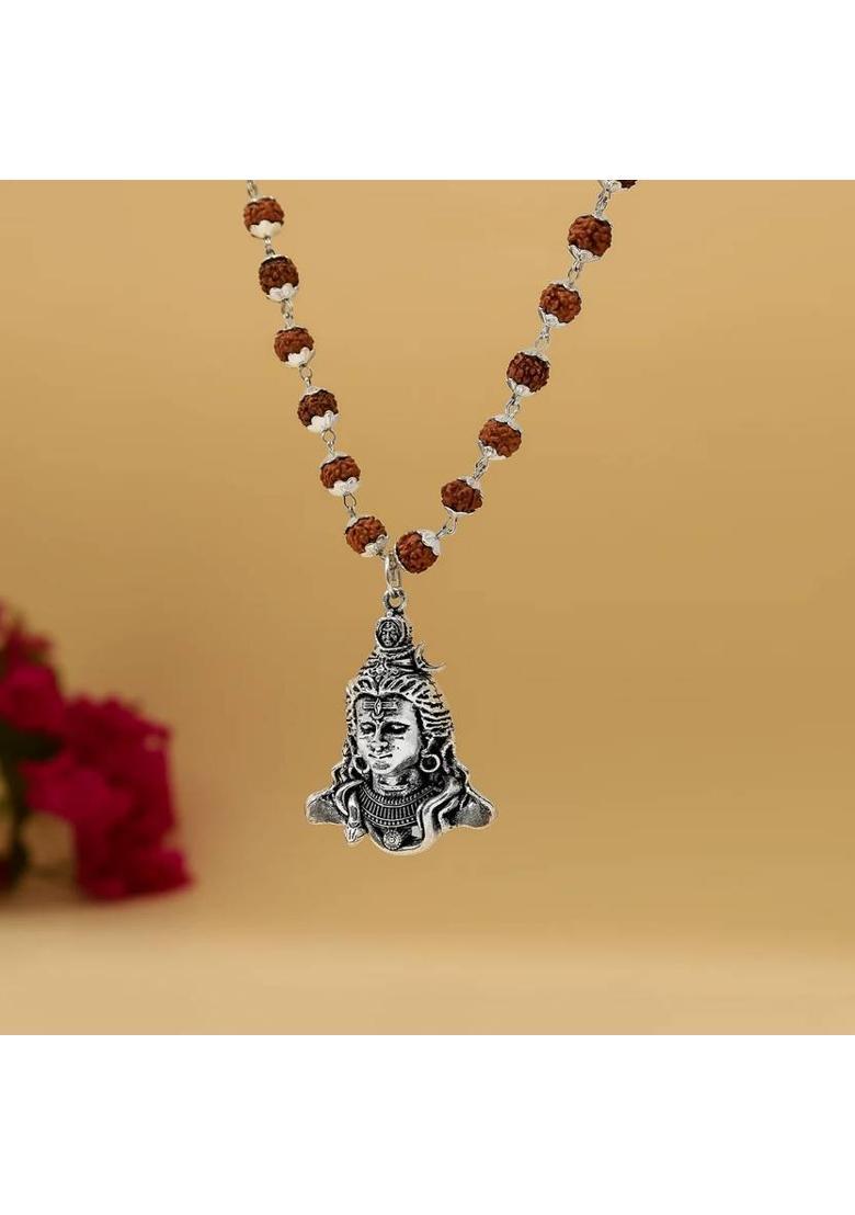 5 Mukhi Rudraksha Necklace | 54 Beads | Strength & Peace | For Men & Women Silver Plated Brass Chain - Indya