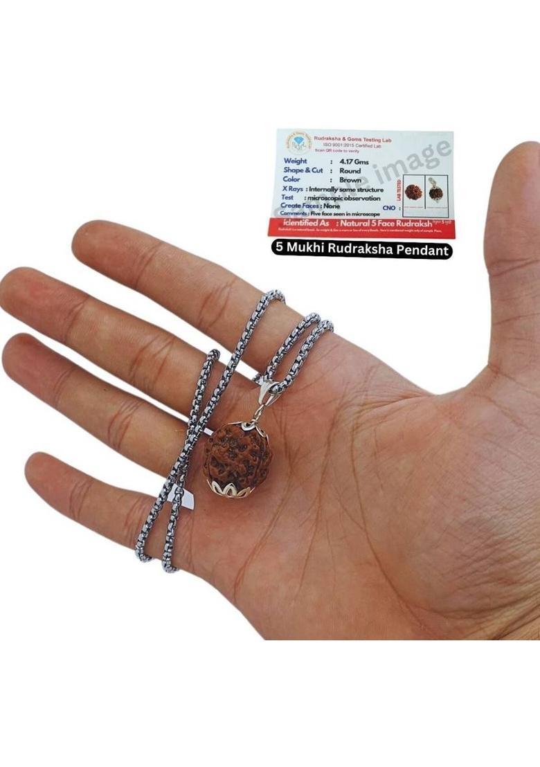 Rudra gems Jewellery 100% Original five Face Rudraksha (5 Mukhi Rudraksh) Natural Silver Beads Brass, Wood Pendant - Indya