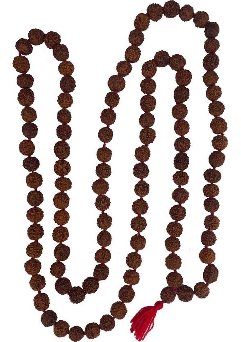 100% Natural & Original 108 + 1 Medium Size Beads 5 Mukhi Rudraksha Mala With Lab Tested With Certificate, Gangajal And Chandan From Kashi Beads Wood Chain - Indya