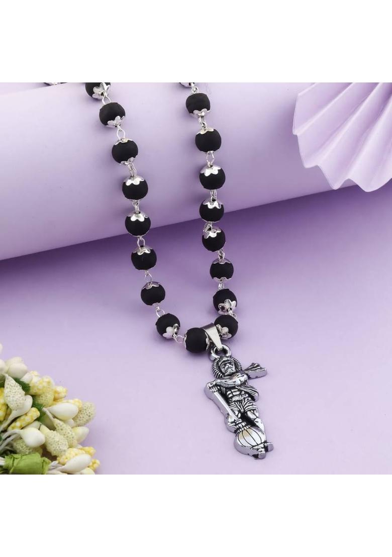 Standing Hanuman Karungali Mala Silver Plated Brass Chain Set - Indya